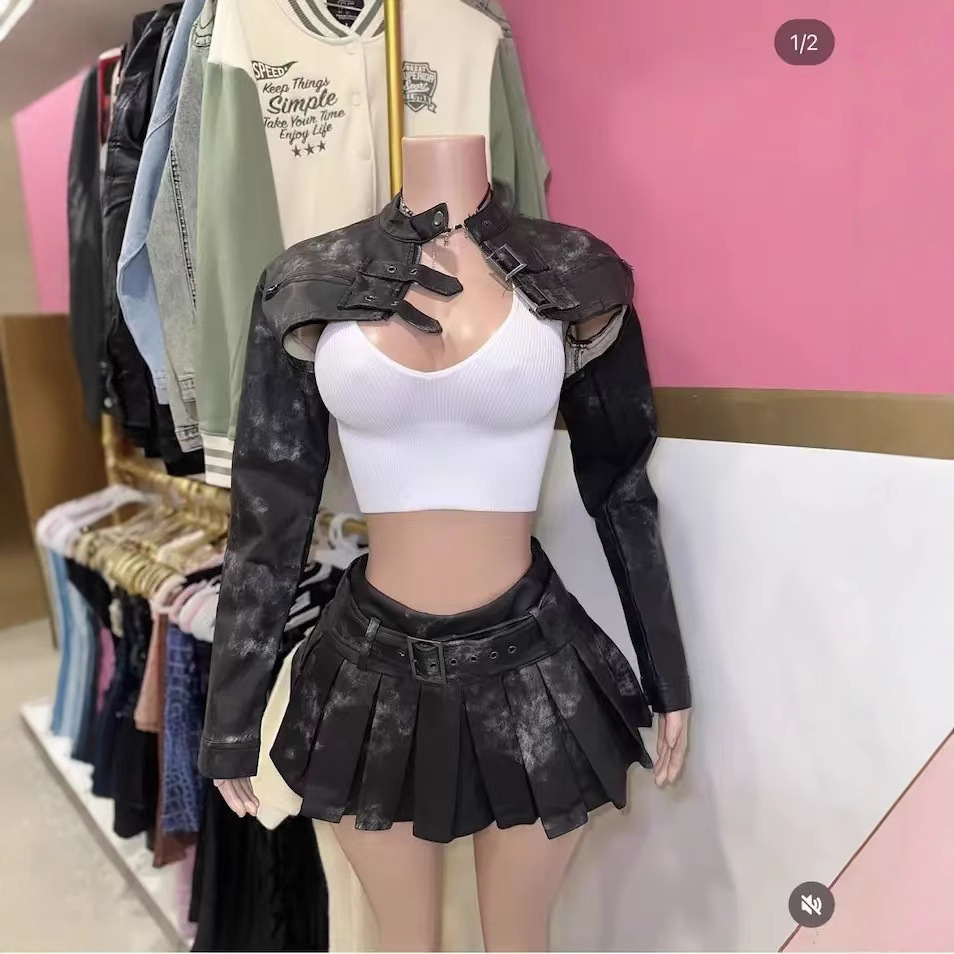 FC1296 new spicy girl leather jacket dress set for women 241220