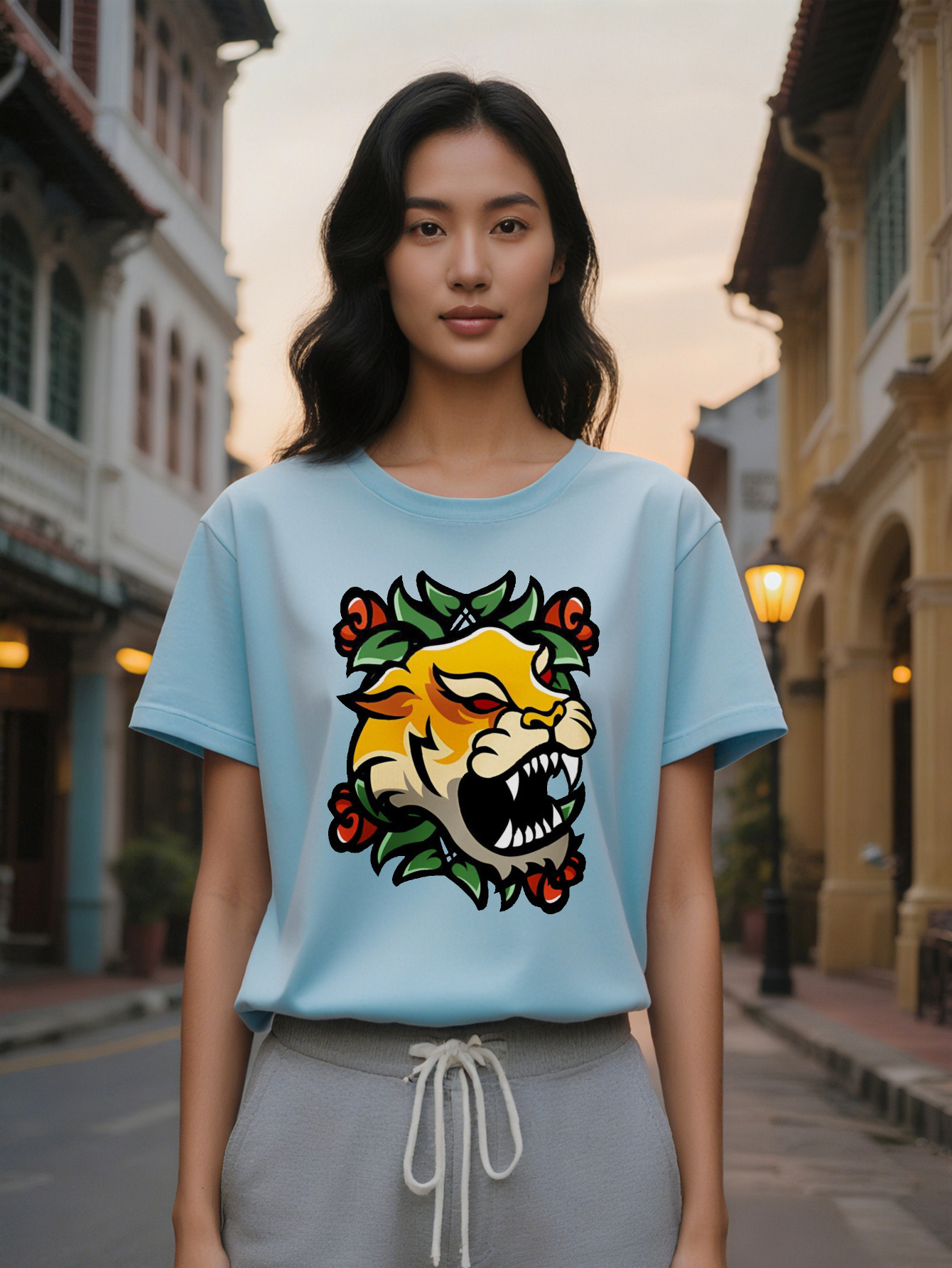 Large XL Women's Casual Graphic T-Shirt Fierce Head Print with Vibrant Colors Soft Fabric Round Neck Short Sleeve Summer Wear Plus Size