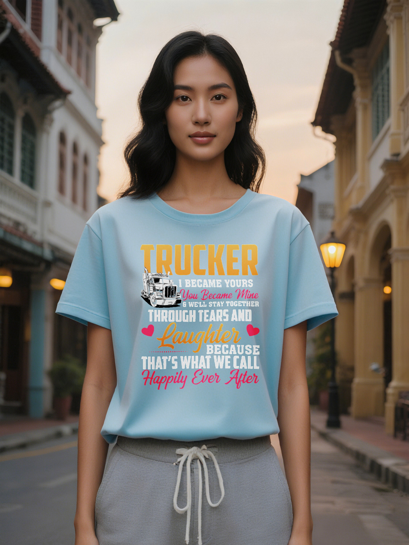 Lady Casual Crew Neck T-Shirt Trucker Theme Print Black with Yellow Pink Design I Yours Because You Became