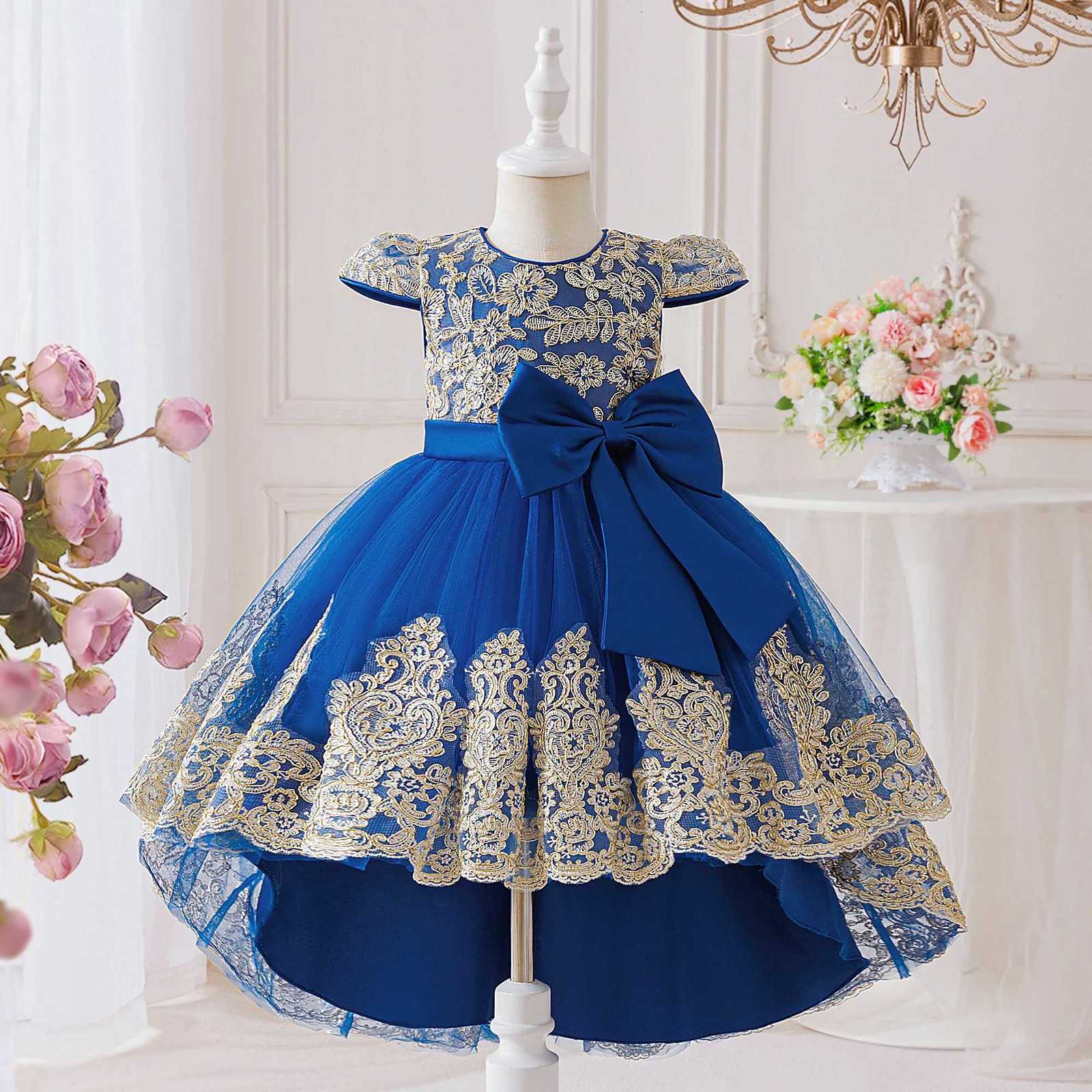 Elegant Embroidery Bow Bridesmaid Party Girls Dress with Trailing Flower Wedding Birthday Princess Dresses Girl Evening Prom Gowns Z250904