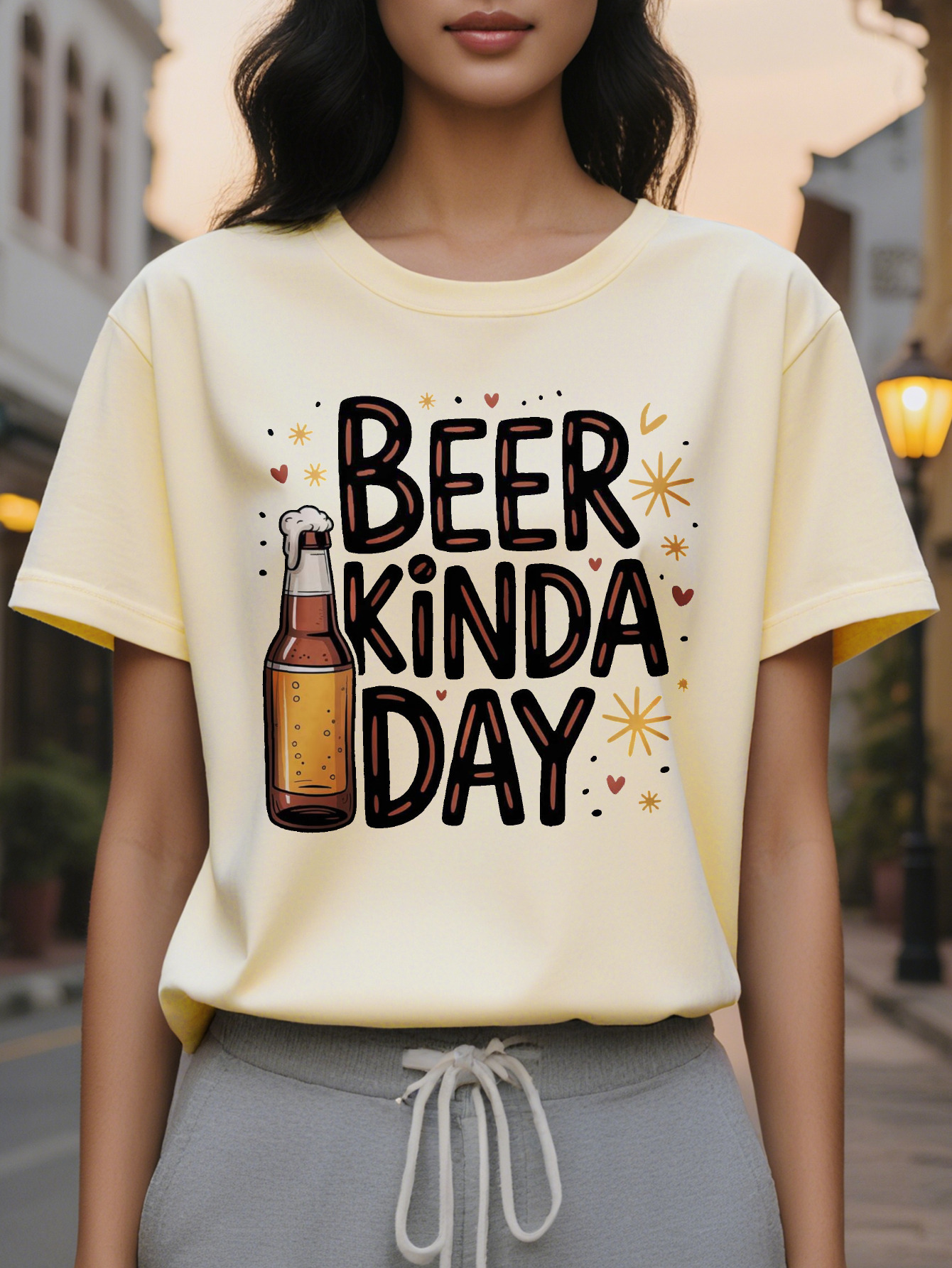 Women's Fun Lover T-shirt BEER KINDA DAY Slogan Bottle Pattern White Round Neck Summer Top Washable Party Dress