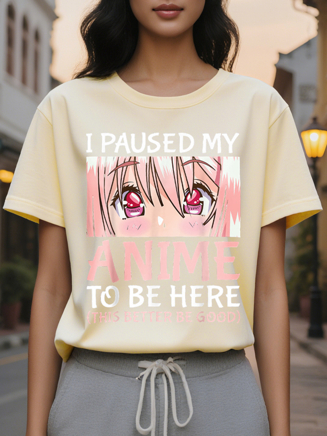 Large XL Women's I Paused My To Be Here Anime Graphic T Shirt Manga Character Face Pink Lettering Print Round Neck Short Plus Size