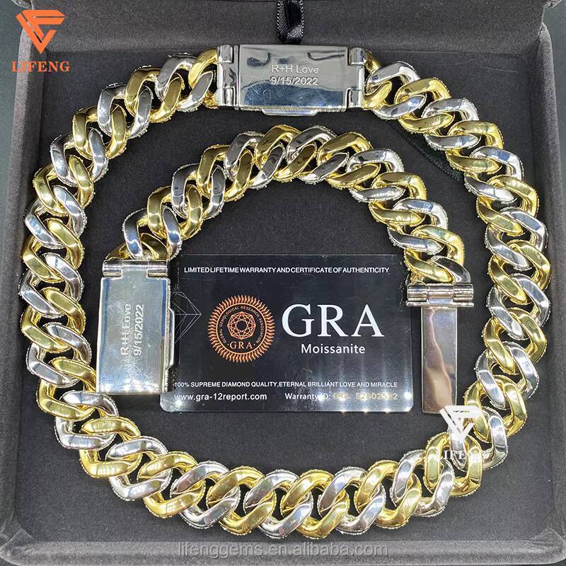 S925 20MM Iced VVS Moissanite Fashion Jewelry Hiphop Cuban Chain Custom Clasp Necklace with Custom Name Letter Two Tone Plated