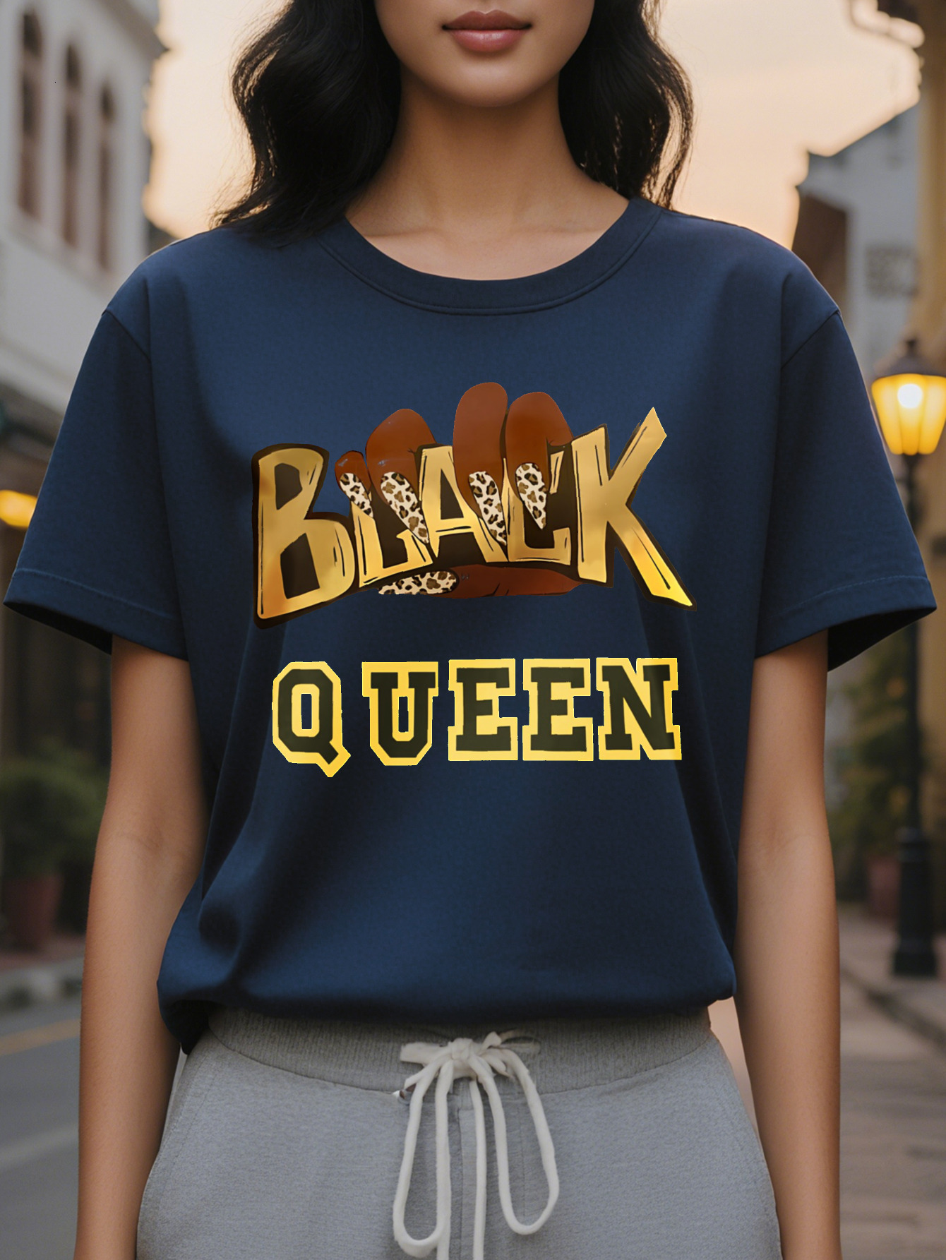Large XL Women S Black Queen Graphic T-Shirt Beige Crew Neck Tee with Bold Golden Lettering Casual Everyday Formal Outfits Plus Size
