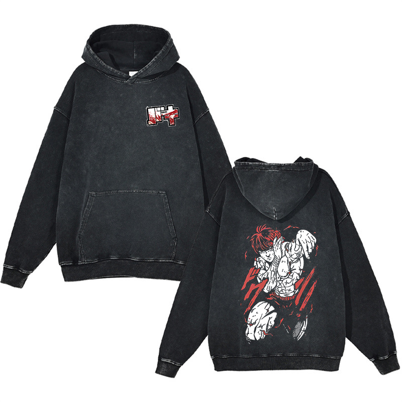 440g Heavyweight Cotton Pre-Washed Distressed Finish Baki Hanma Anime Street Retro Hoodie - TT8306