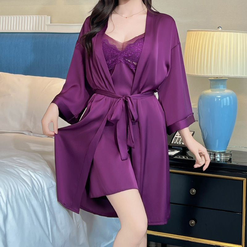 Luxury 3 - Piece Purple Satin Sleepwear Set Nightgown with Lace Detailing Robe and T - pants for Women Comfortable and Elegant Nighttime Wear