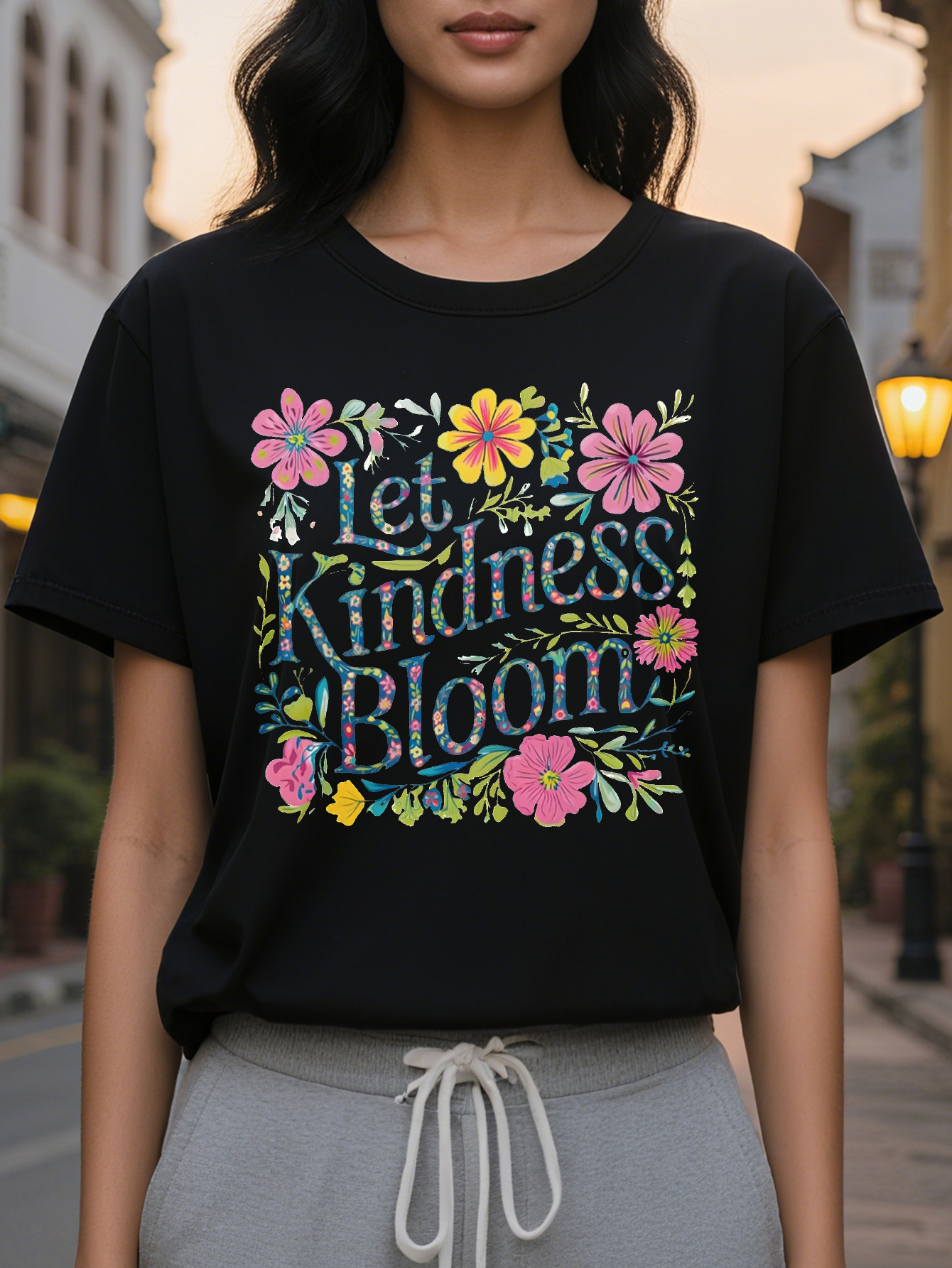 100% Cotton Women's Casual Crew Neck T-Shirt Let Kindness Bloom Print Regular Length All Season Fashion Top