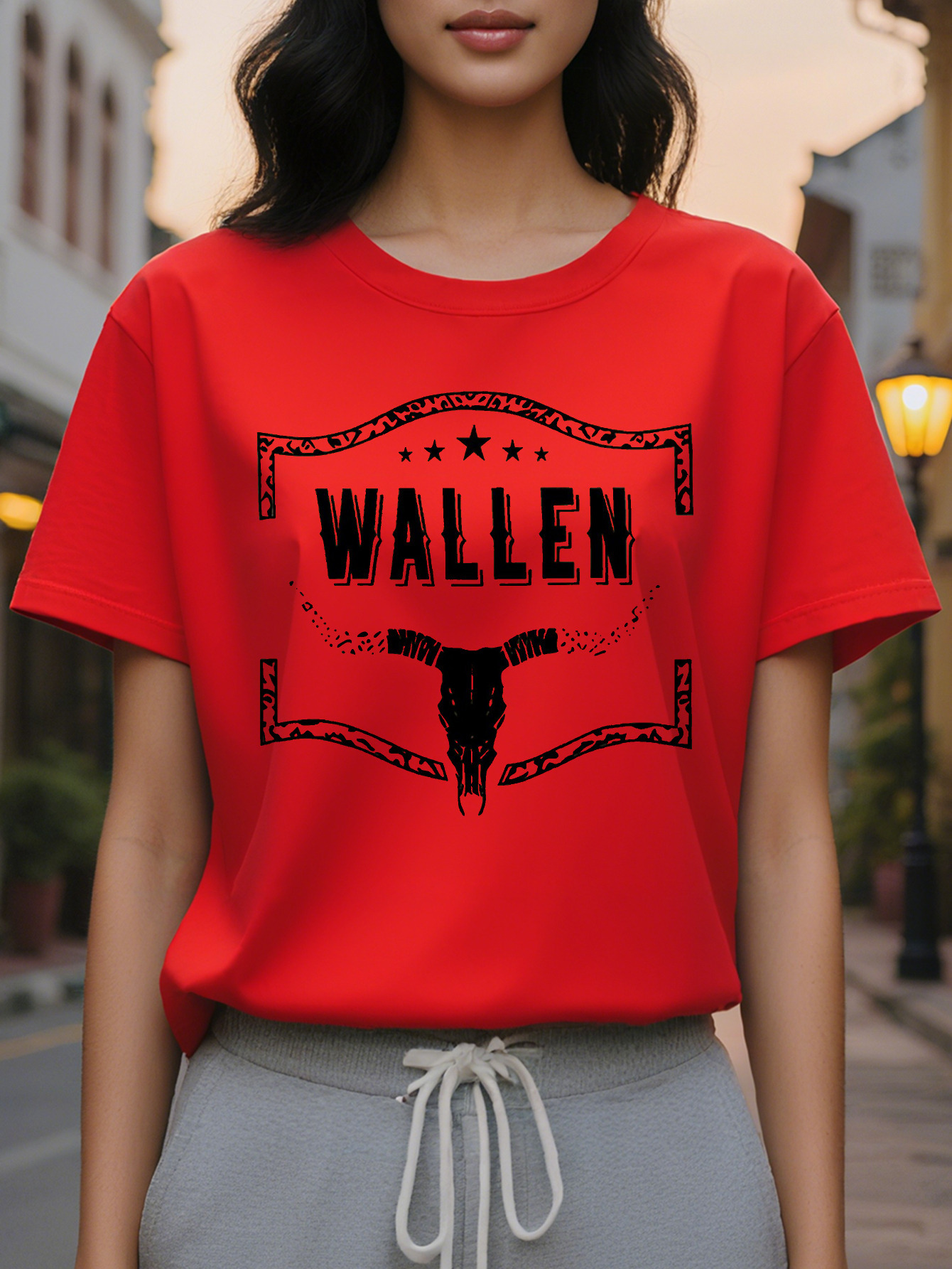 WALLEN American Print Pattern Fashion Round Neck Short Sleeve T-shirt Spring and Summer New Slim Fit Slimming Women's