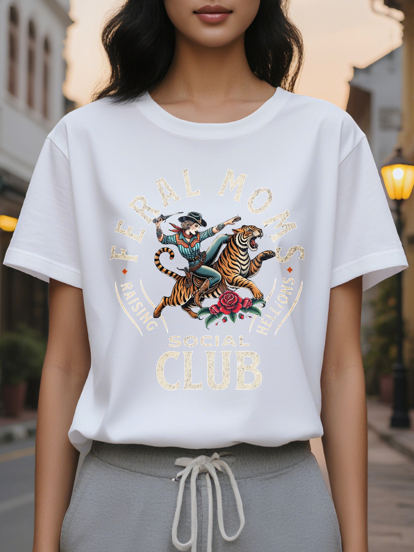 Large XL Women's Casual Short Sleeve T-Shirt FERAL MOMS SOCIAL CLUB Graphic Print Soft Rayon Spandex Cotton Relaxed Fit Plus Size