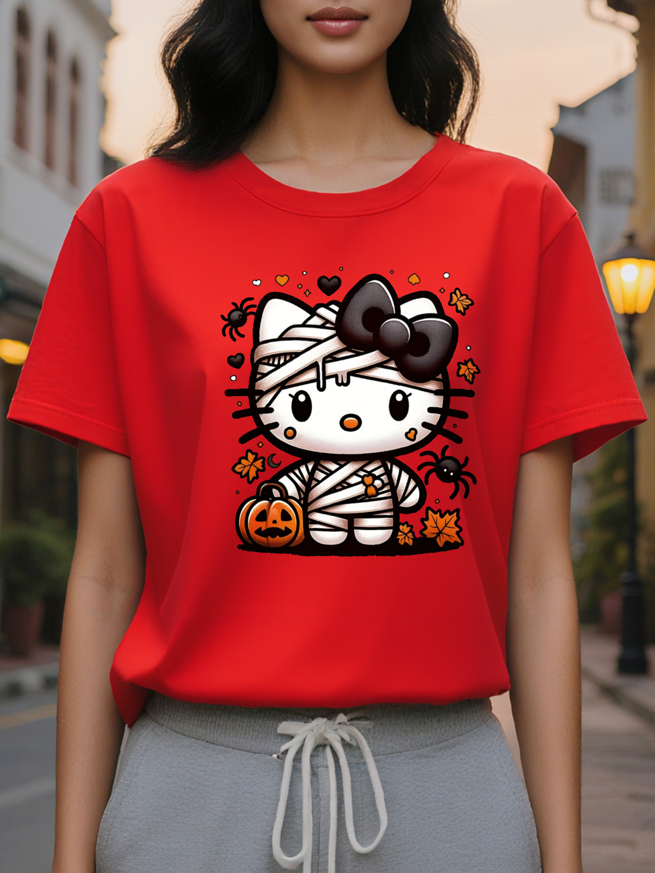 Orange Pumpkin Wrap Mummy Pattern T-Shirt for Women Teen Casual