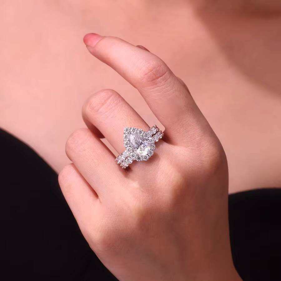 768CTW Pear Cut Silver TwoPiece Moissanite Ring Set Closed Design with GRA Certificate Luxury Gift Box Included