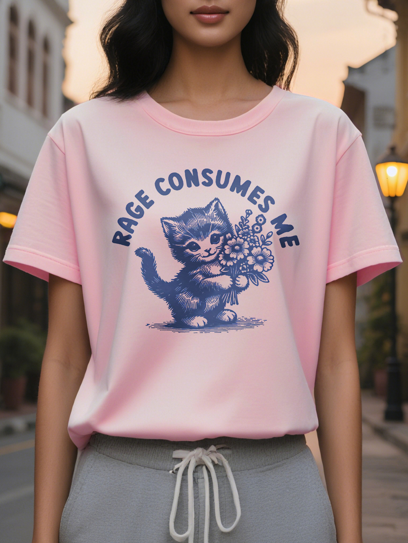 Women's Rage Consumes Me Pattern Black Cat Floral Casual Short Sleeve Loose Crew Neck Spring Summer T-Shirt