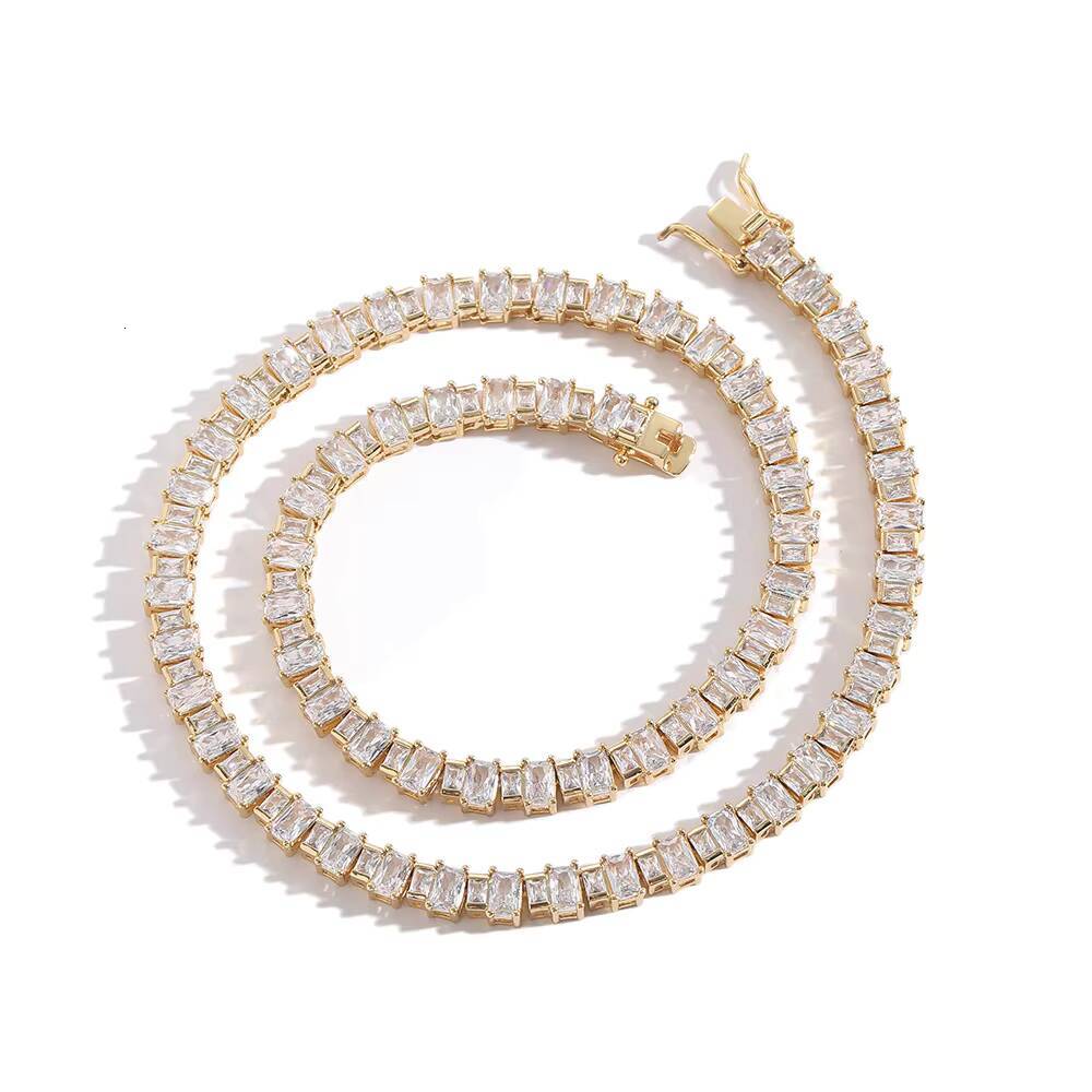Hip Hop 1 Row Tennis Chain Large and Small Mixed Ladder Square Zirconium Necklaces for Men Jewelry