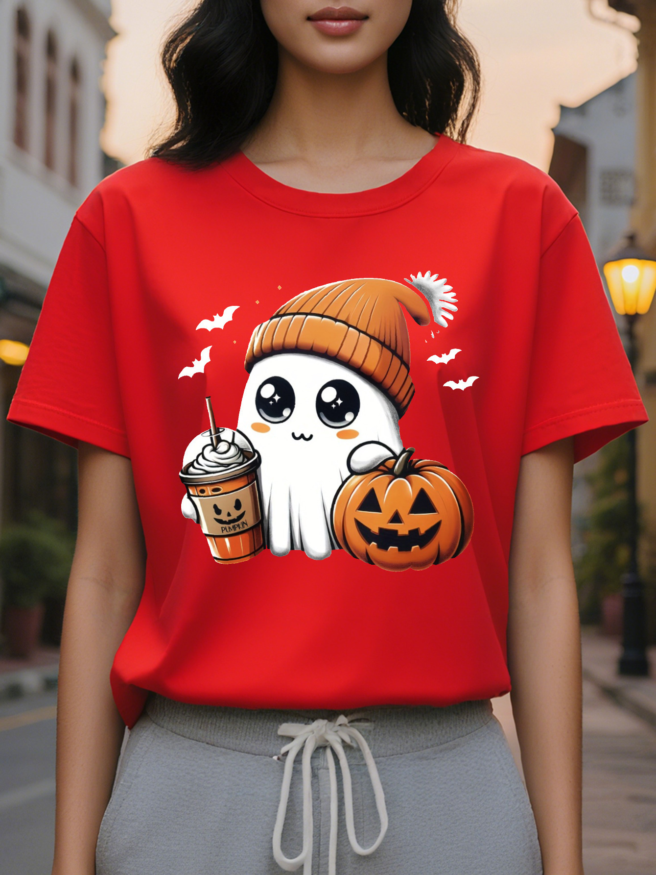 Women's casual short sleeve round neck T-shirt with pumpkin and ghost application cotton knit fabric regular cut