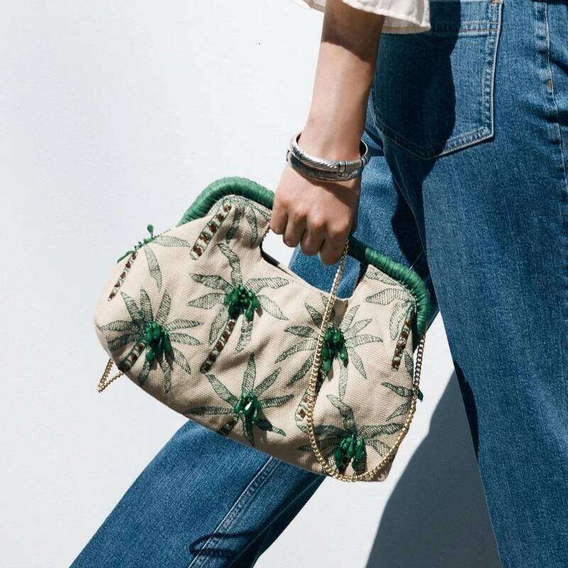 BEADED DETAIL CLUTCH, Envelope Clutchs Tree Embroidered, Designer Handbags with Removable Chain Crossbody Strap