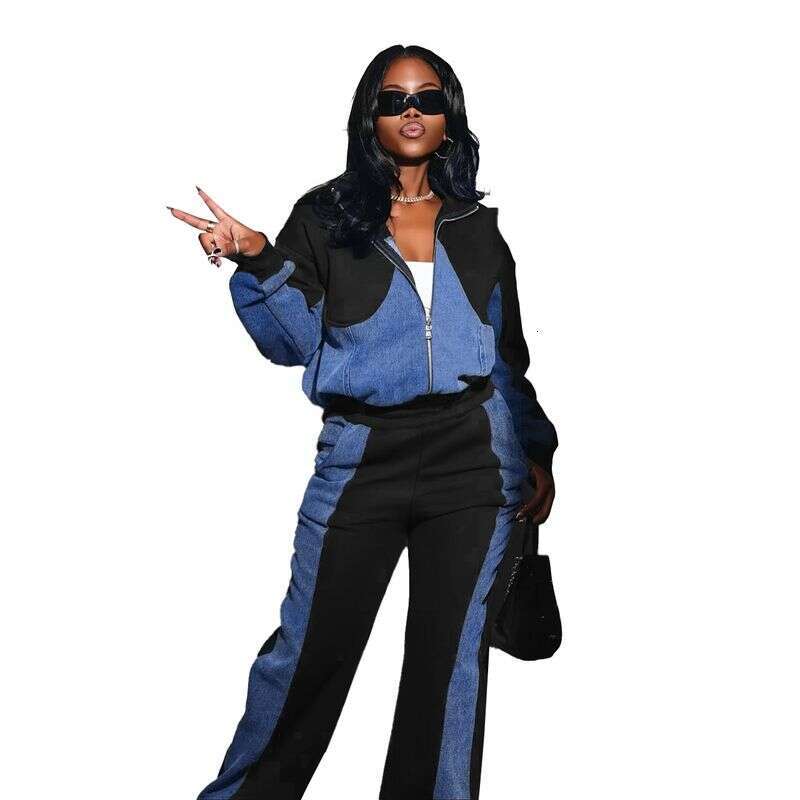 Women's Clothing Autumn And Winter Denim Patchwork Jacket Trousers Two Piece Suit