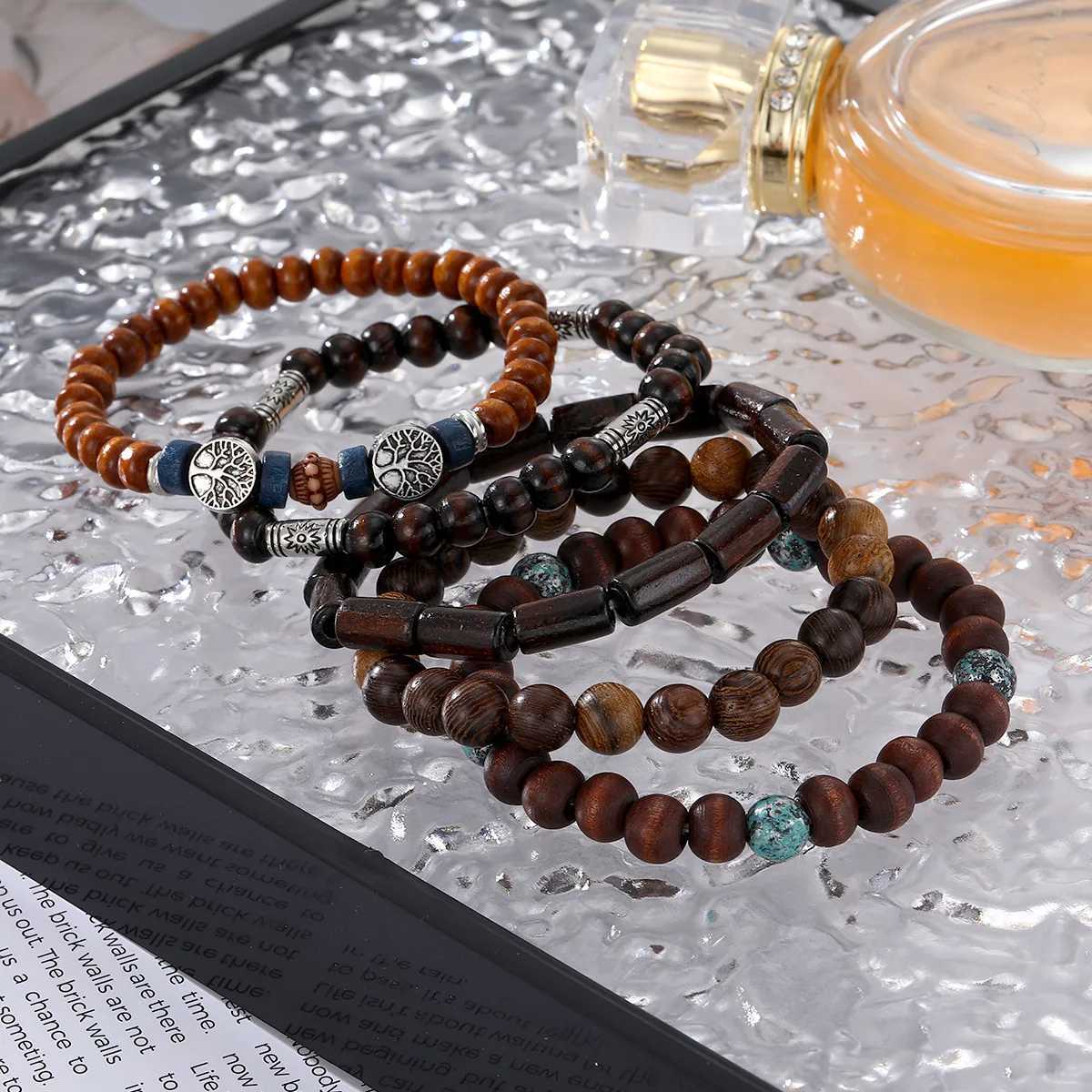 Bohemia Wood Beads Multilayer Bracelets Retro Men Tree of Life Stretch Bracelets Hip Hop Men Party Jewelry Accessories W250904