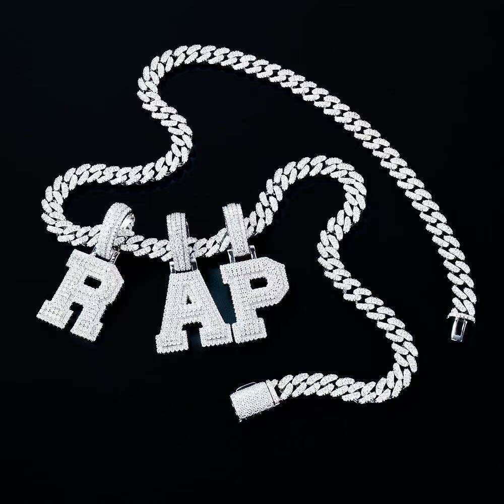 Sterling Sier Initial A-Z Letter Charm Hip Hop VvsMossanite Moissanite Chain Pendant