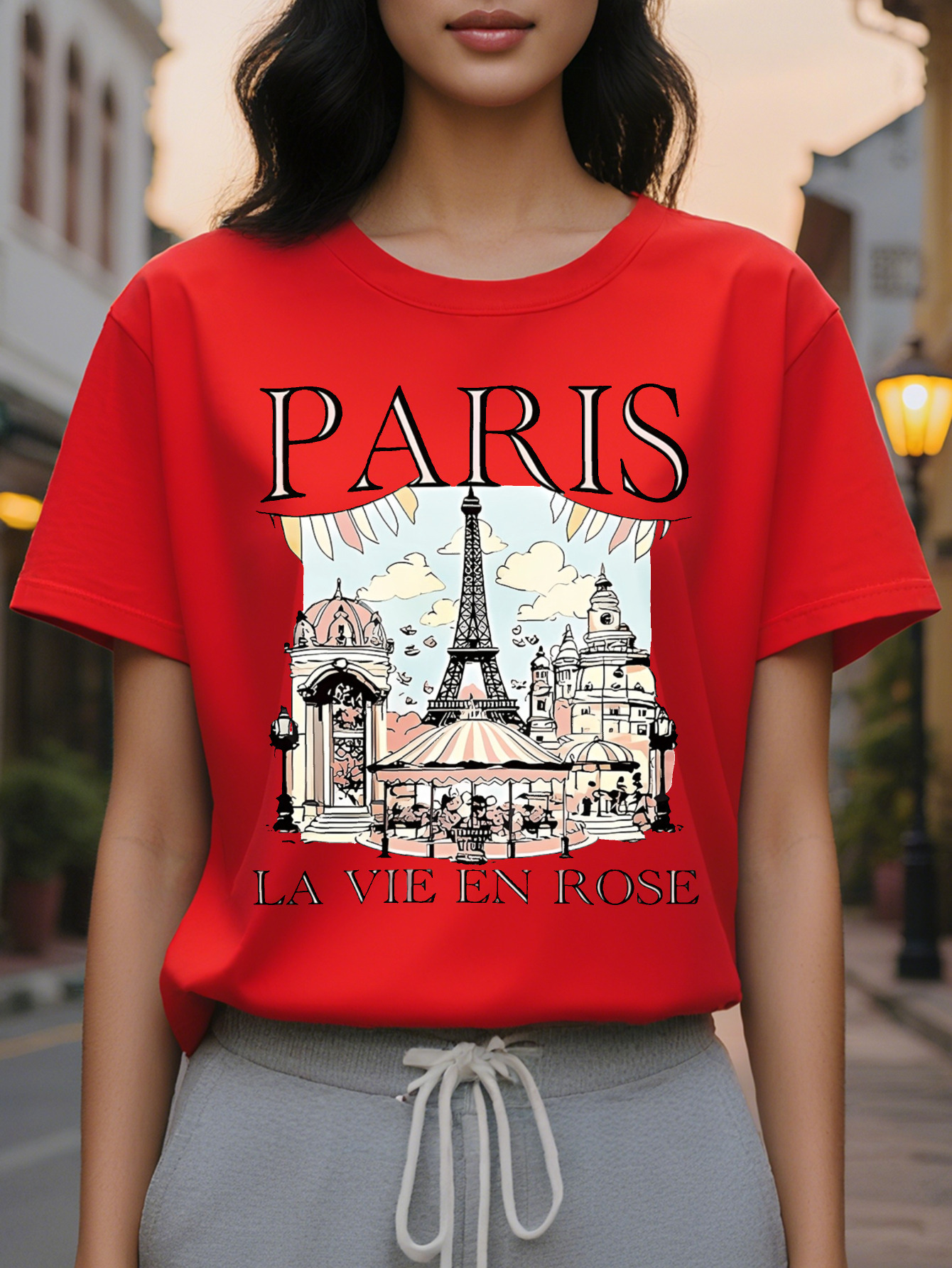 Paris Landmarks Print Fashion T Shirt Cotton Knit Fabric for Women Casual Crew Neck with Eiffel Tower Design All Seasons