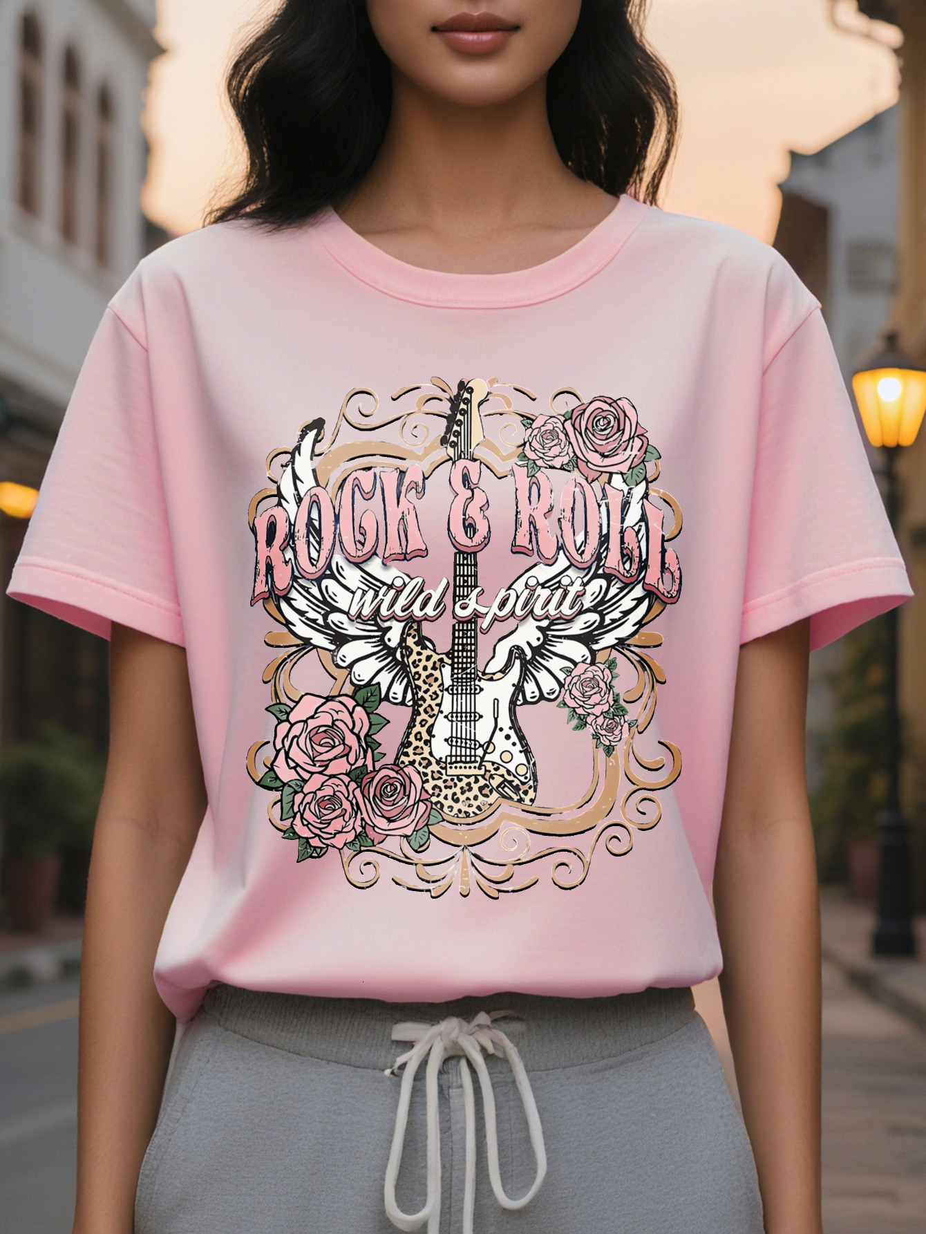 Large XL Rock Roll Print T-Shirt Casual Crew Neck Short Sleeve Top for Spring Summer Women's Clothing Plus Size