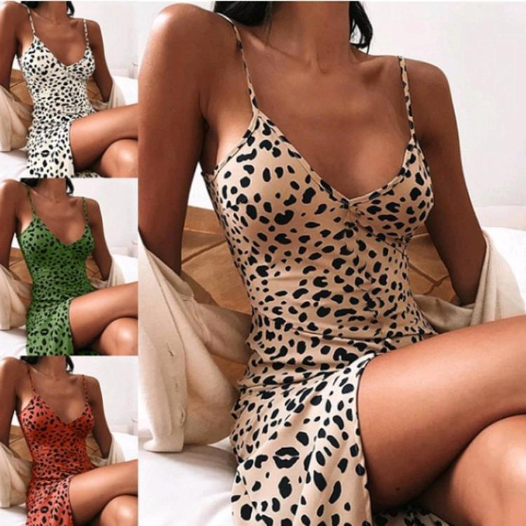 L831Spring and summer new foreign trade European and American leopard print v-neck sexy suspender dress women's clothing