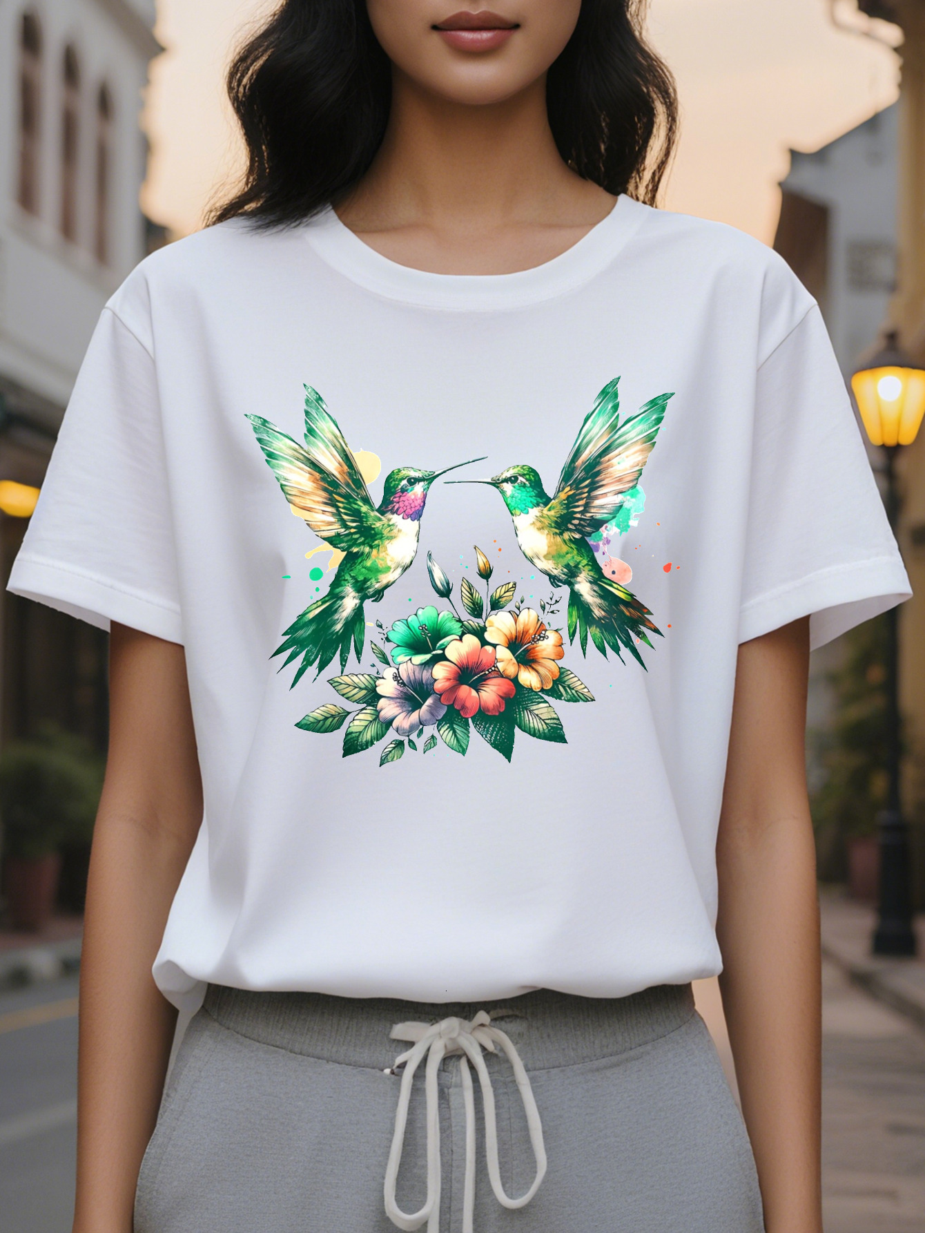 Large XL Women S Hummingbird Floral T-Shirt Casual Crew Neck Short Sleeve Cotton Perfect for Spring/Summer White with Plus Size
