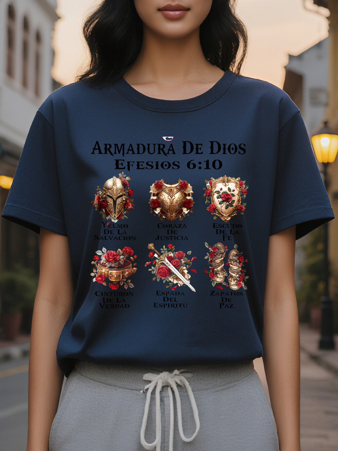 Women s Casual Short Sleeve T Shirt White Religious Spanish Scripture Armor Printed Stretchy Round Neck Top