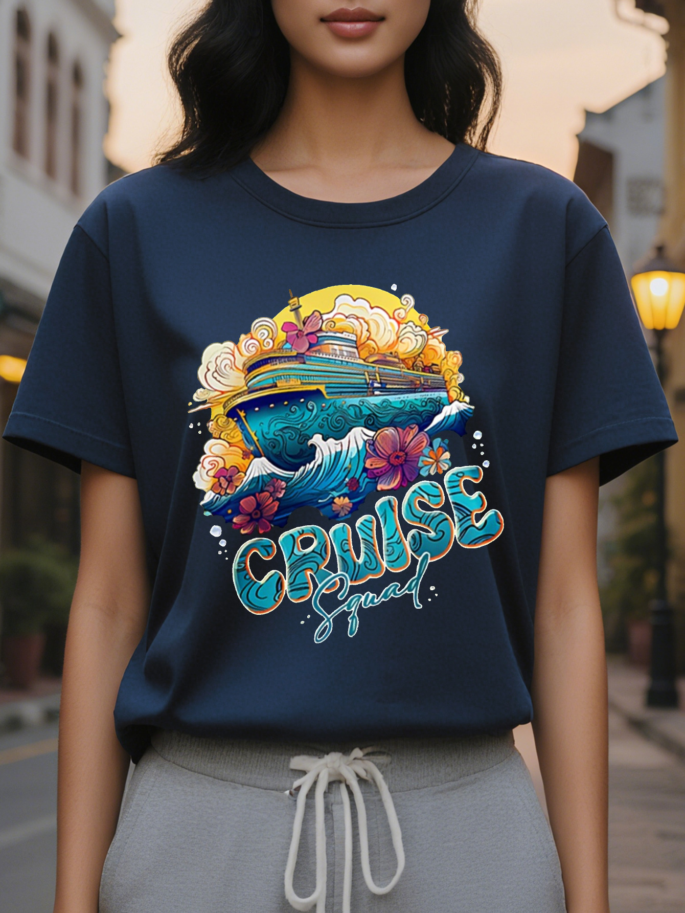Women's CRUISE pattern printed T-shirt with nautical whale wave design, cotton fiber, light square meters, loose version