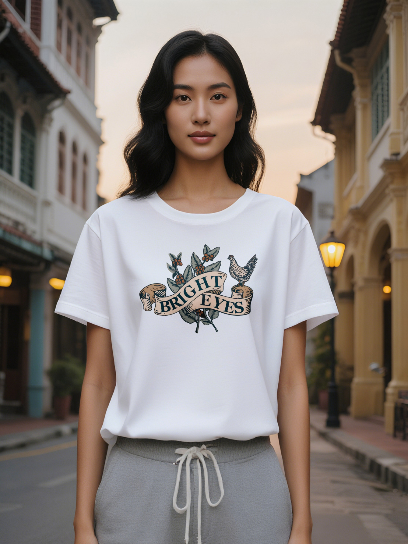 Short Sleeve T-Shirt with BRIGHT EYES Floral Bird Graphic Print Black Round Neck Summer Top, Washable Regular