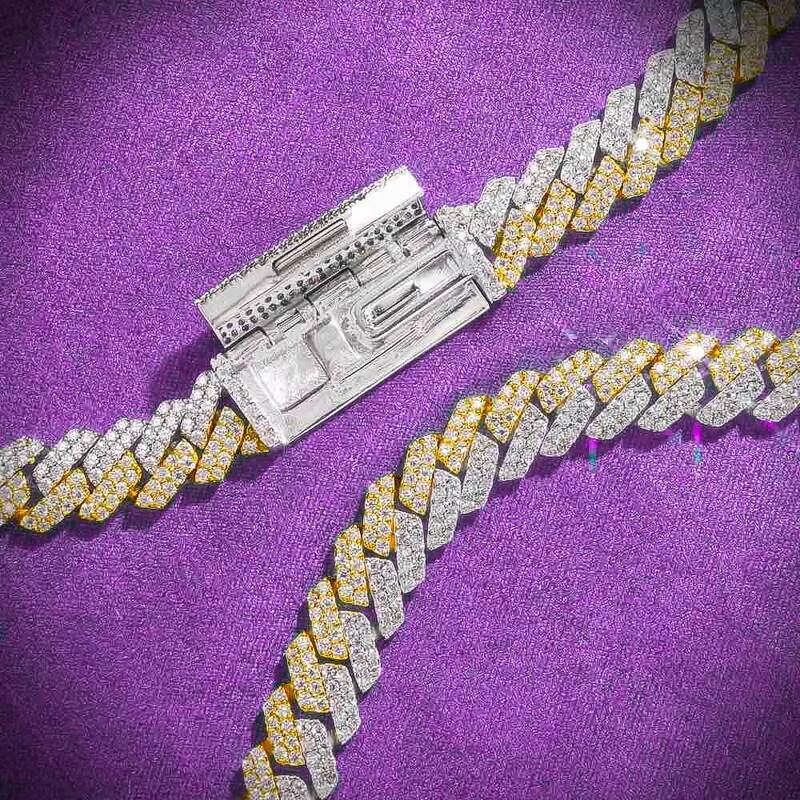 10MM 12MM Pass Diamond Tester Hip Hop D Color Split Two Tone Moissanite Mens Cuban Link Chain With 925 Sterling Silver GRA