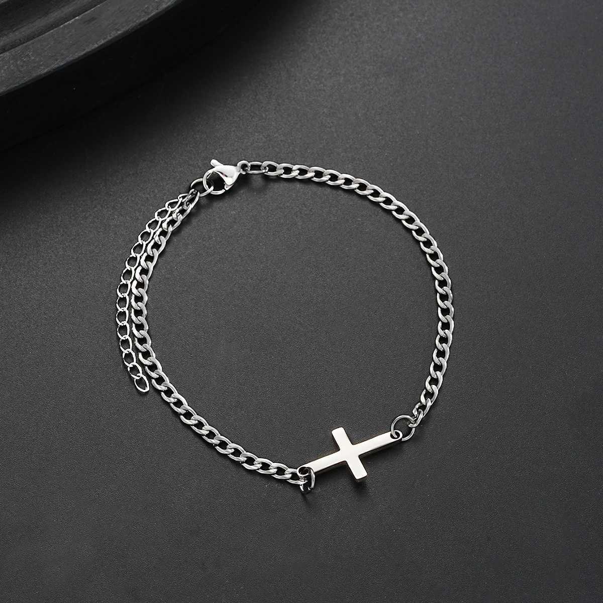 Simple Mens Stainless Steel Cross Cuban Bracelets Punk Silver Color Charm Bracelet Fashion Hip Hop Daily Jewelry Accessory 2025 W250904