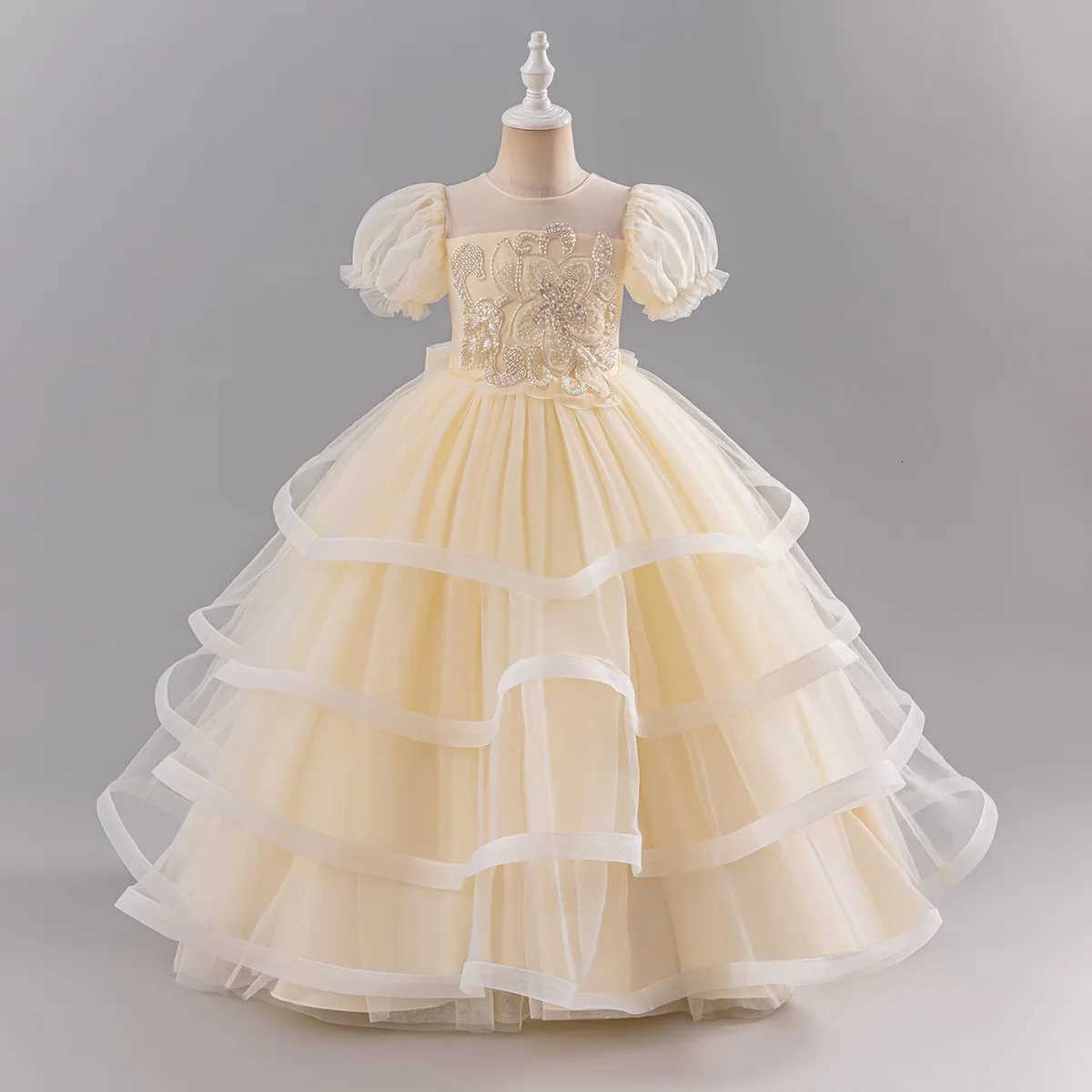 Girls New Pearl Sequin Flower Bubble Sleeve Mesh Long Fluffy Skirt Wedding Flower Girl School Makeup Ball Princess Skirt Z250904
