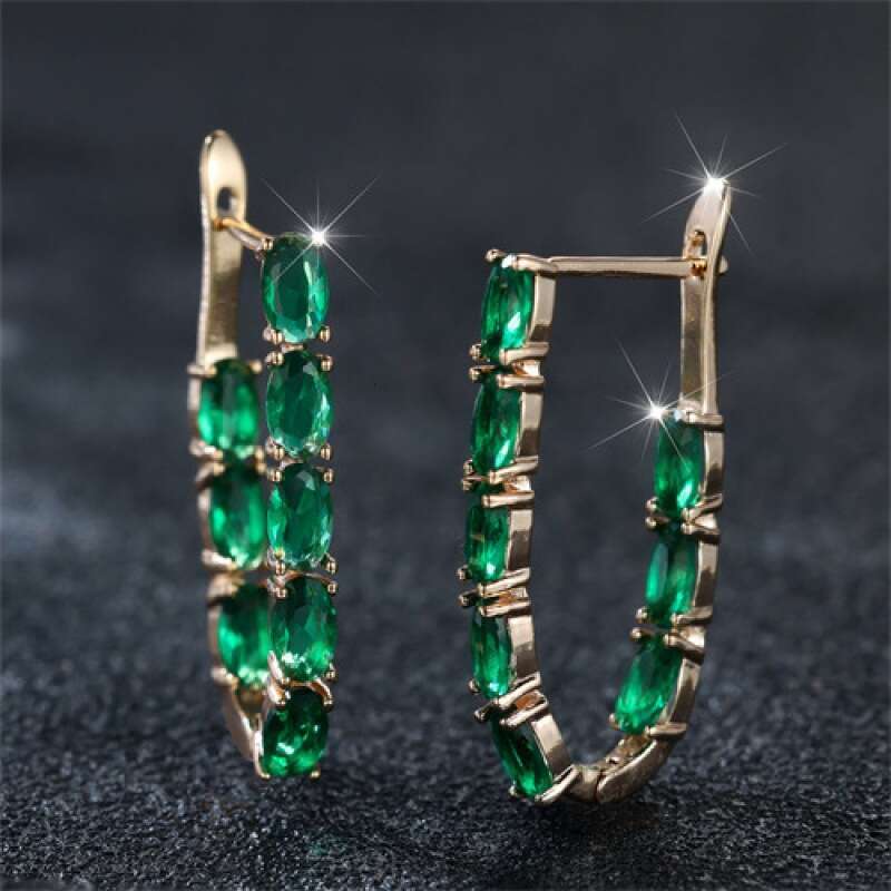 New V-Shaped Green Zircon Hoop Earrings - Elegant French Style Versatile Statement Earrings for Women