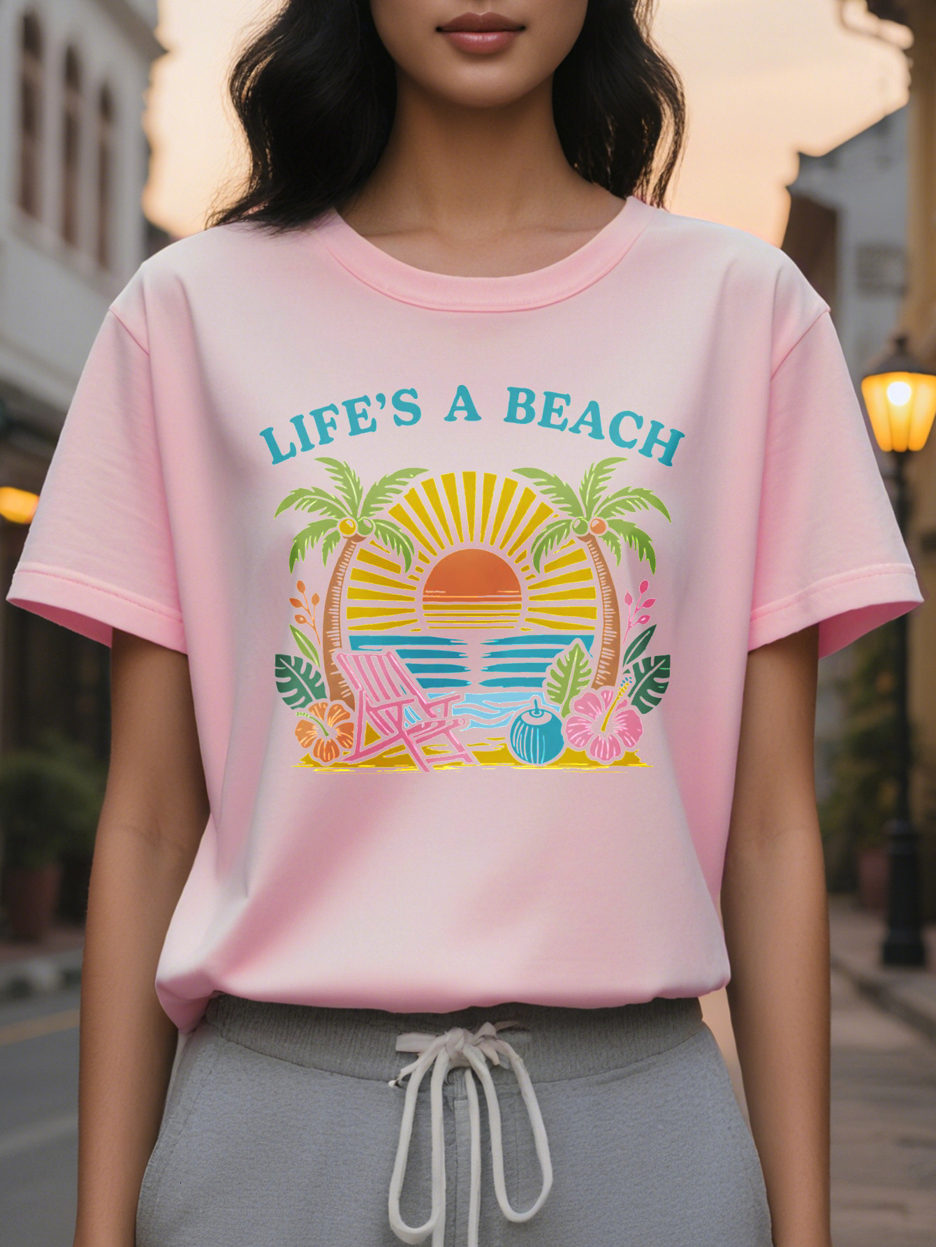 Women s Sleeve Pattern Sweatshirt White Beach Top with Tropical Palms Lounger and Citrus Fruit Medium Stretch Round