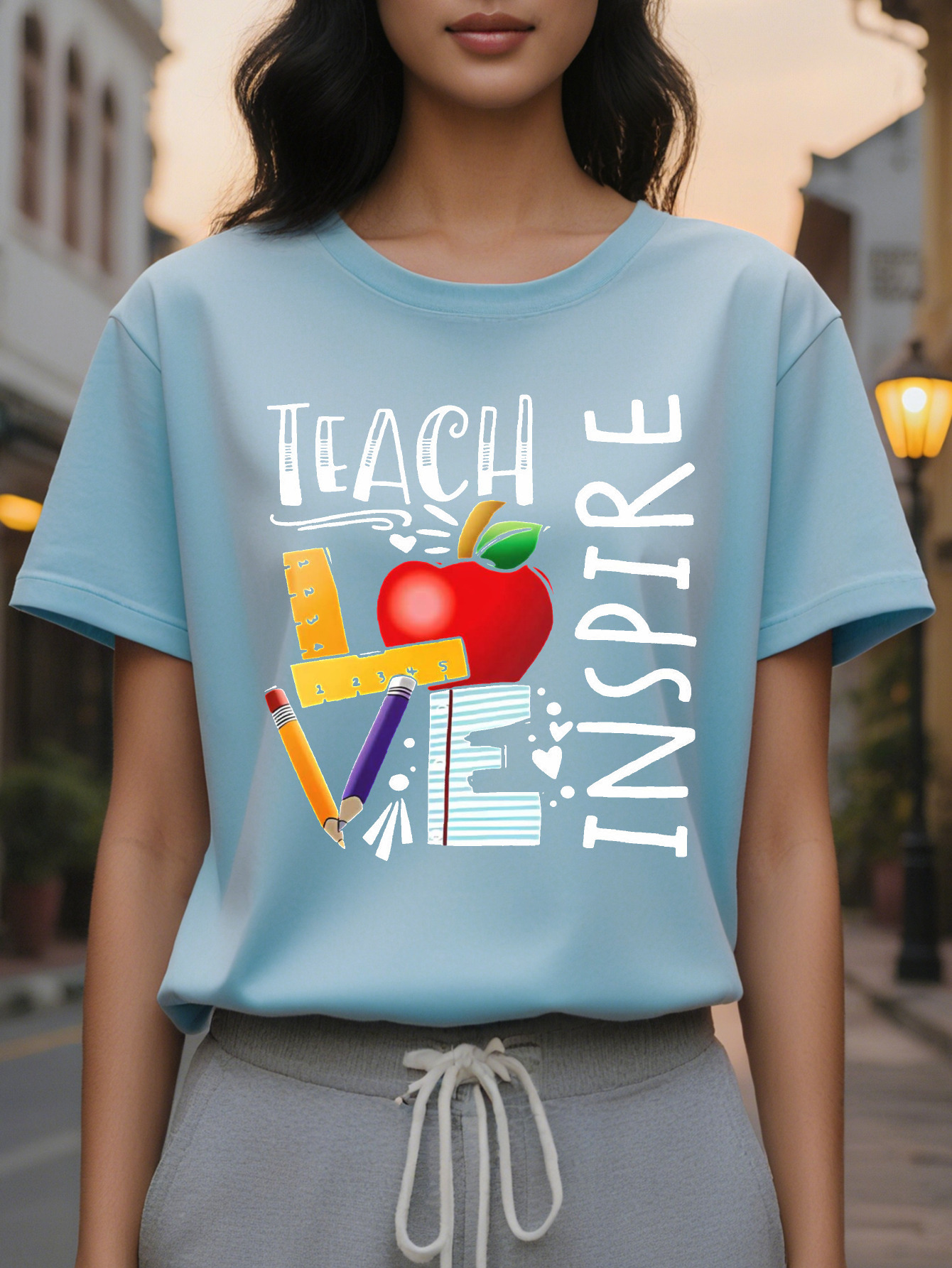 Teacher Letter Printed Short Sleeve T-Shirt Round Neck Casual Top Summer and Spring Women's Clothing