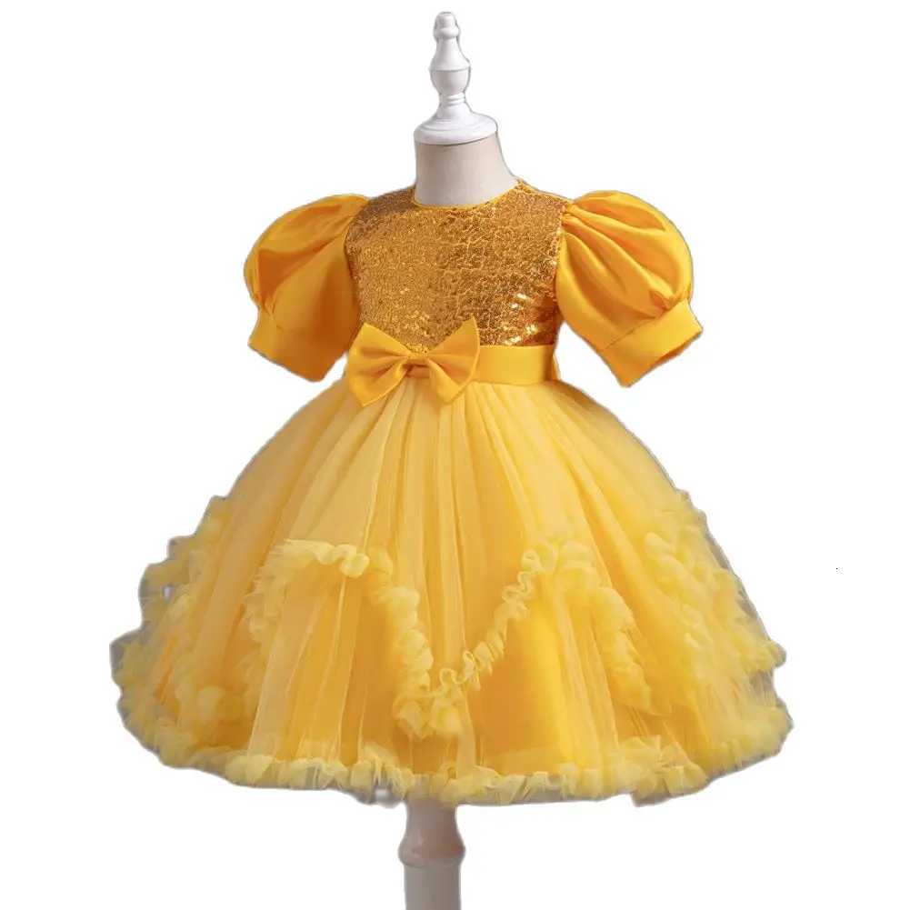 Yellow Bubble Sleeves Princess Dress for Girls Sparkling Sequins Childrens Birthday Party Wear 2 to 10 Years Z250904