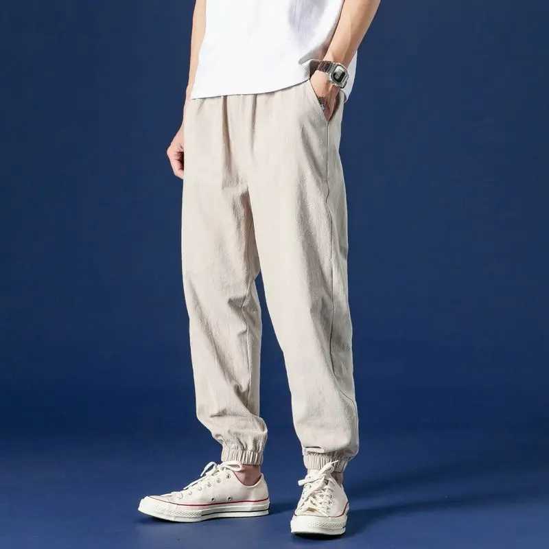 Summer New Men Cotton Hemp Thin Solid Sweatpants Streetwear Fashion Elastic Waist Harajuku Loose Casual Straight Sports TrousersXJ250904