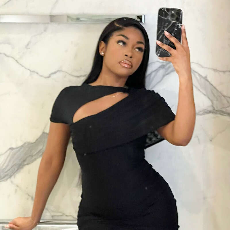 New Summer Elegant Slim Fit Mesh Front Hollow Short Sleeve Bodycon Dress for Women