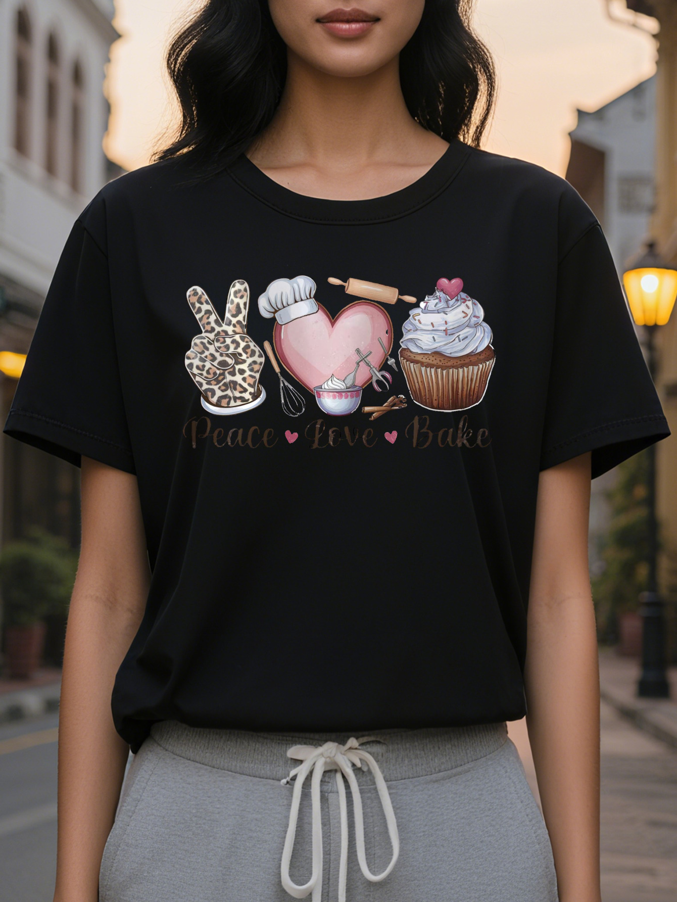 Women's elegant cotton T-shirt printed with the words peace love baking round neck short sleeve casual top summer