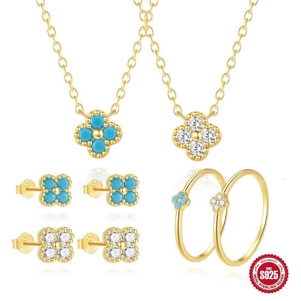 INS Style Pure Silver Petal Turquoise Inlaid Diamond Band Women's Engagement Wedding Ring Necklace Set