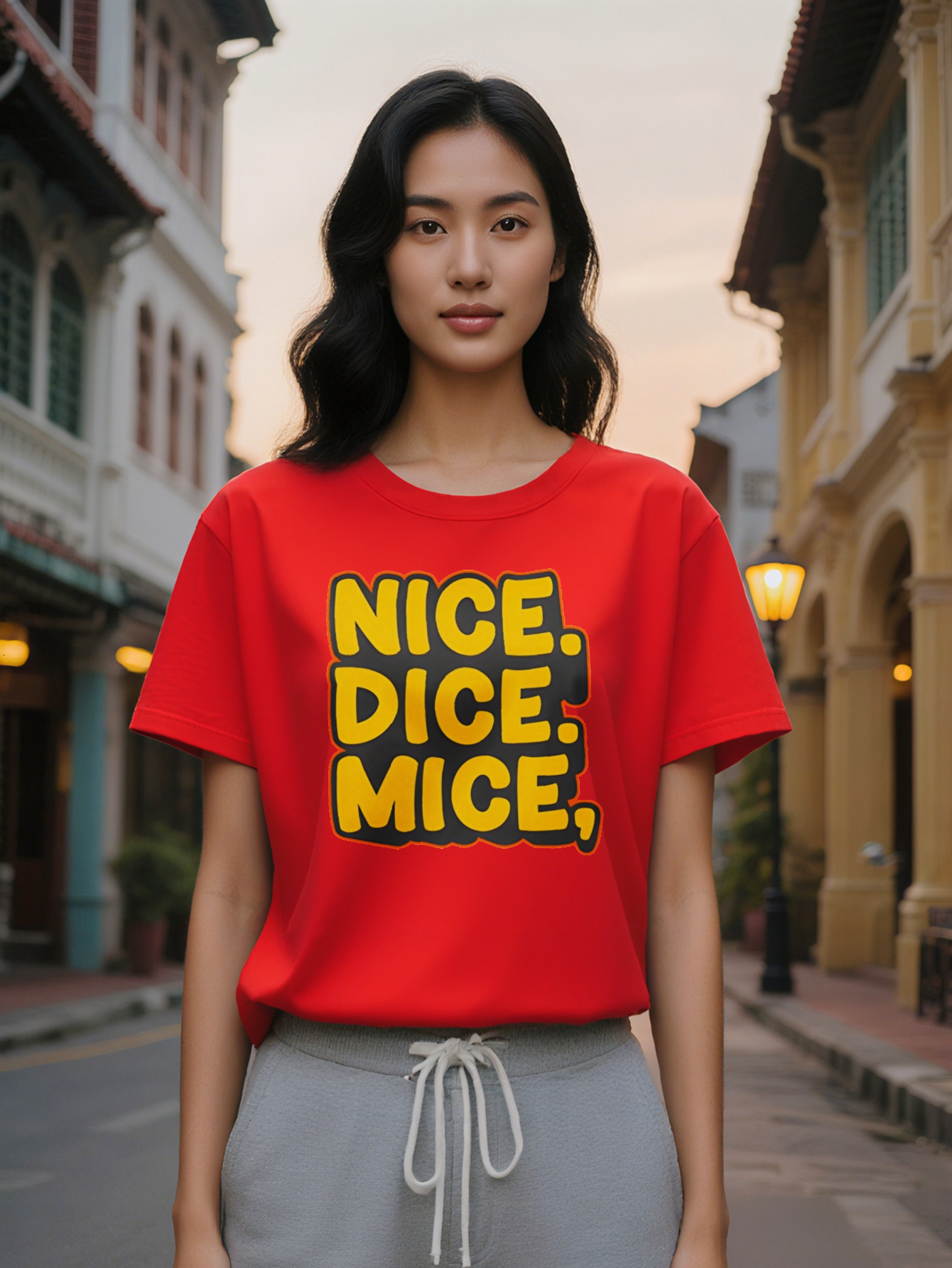 Lady Casual Nice Dice Mice T-Shirt Black with Orange Border Round Neck Stretch Fabric Summer Style Perfect Gift