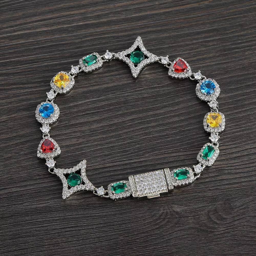 925 silver diamond-embedded hand chain; Hip-hop style ice-type diamond Cuban link hand chain jewelry