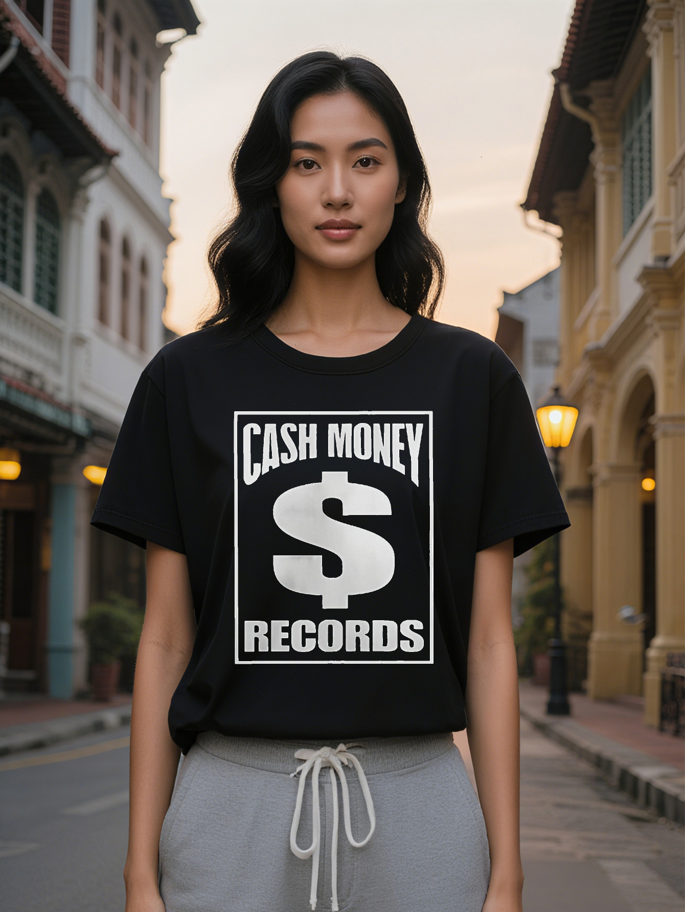 Large XL Black Cash Money Records Graphic T-Shirt Casual Crew Neck Stretch Fabric Regular Fit Summer Style Tee with Bold Plus Size