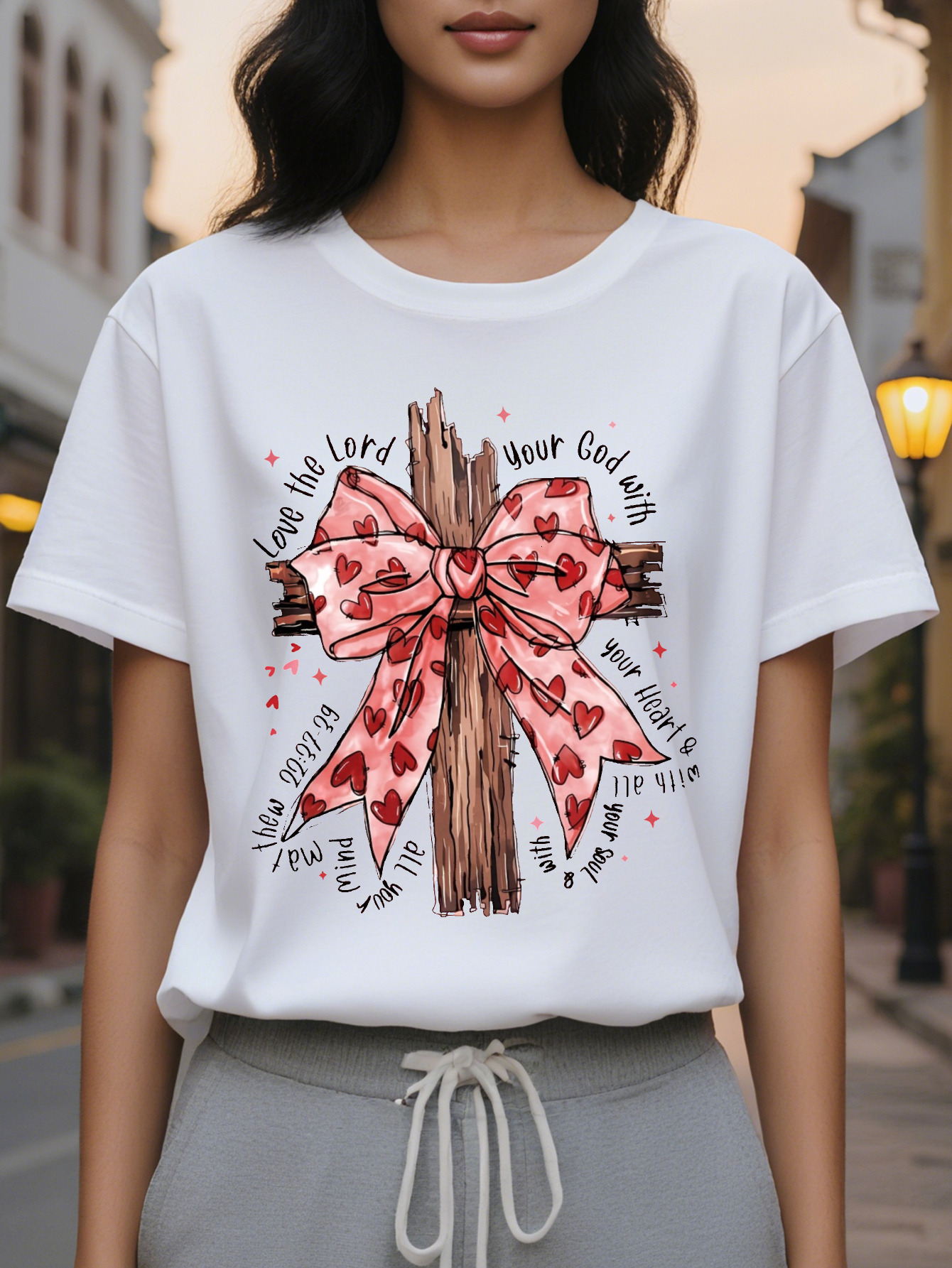 Large XL Religious Faith Women's Short Sleeve T-Shirt Love Jesus Bowtie Bible Verse Best Gift for Her SpringSummer Fit Round Plus size