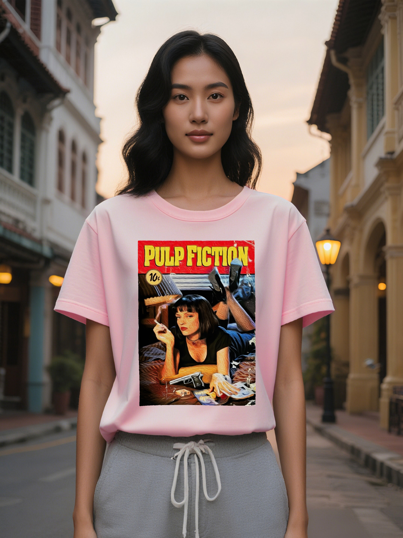 Large XL Graphic T-Shirt Pulp Fiction Art Print with Bold Yellow Text Red Background Black Round Neck Summer Tee Featuring Female Plus Size