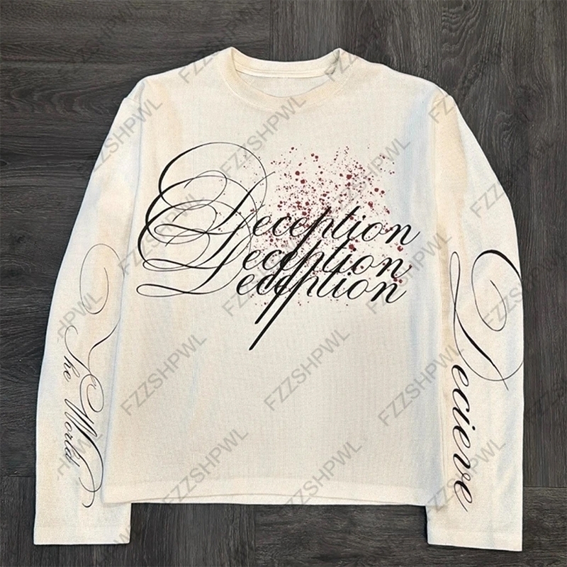 Y2K pure cotton n letters fashion American long sleeve retro high street hiphop rock mens tops casual 250903