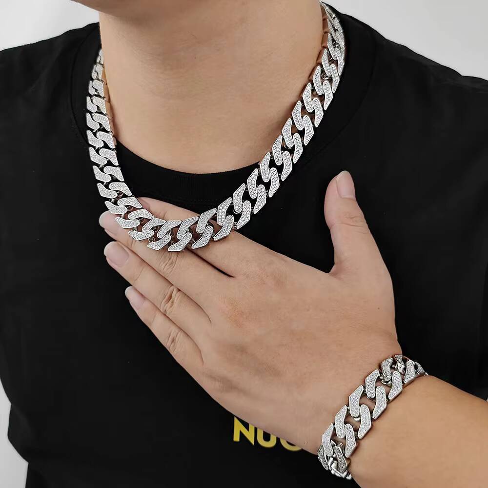 NUOYA Mens Hip Hop Jewelry 16mm Iced Out Cuban Chain Full Pave Moissanite Stone Gold Plated Cuban Link Chain Necklace