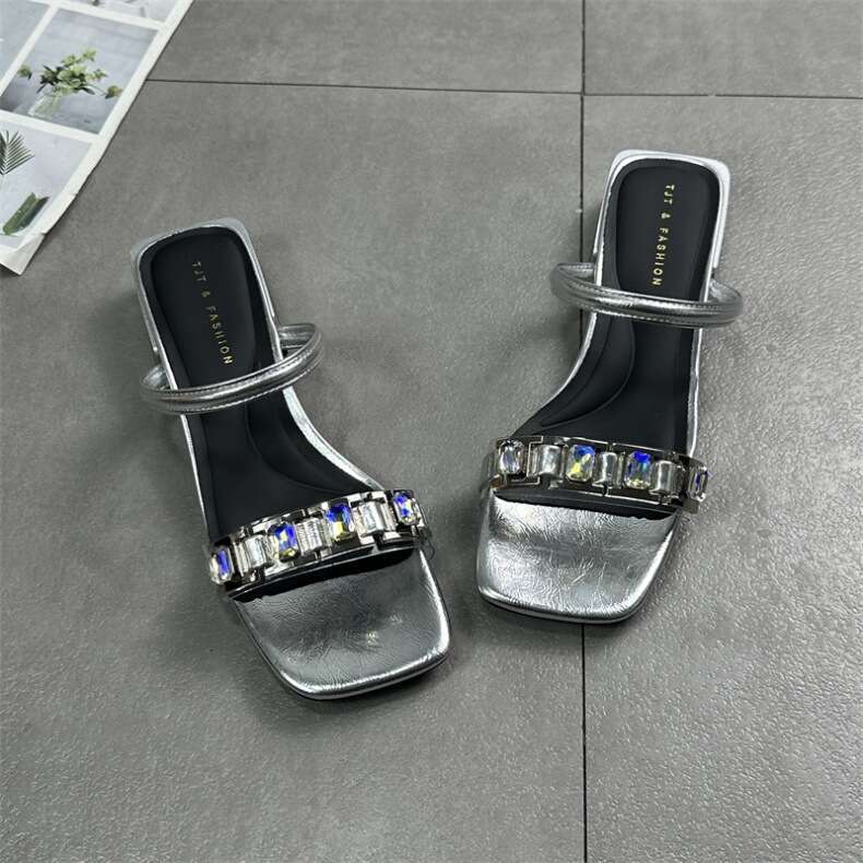 Women's Shoes 2025 Summer New Squ Open Toe Rhinestone Mid Designer Shoe Heel Celebrity Sandals Half One Word Slippers