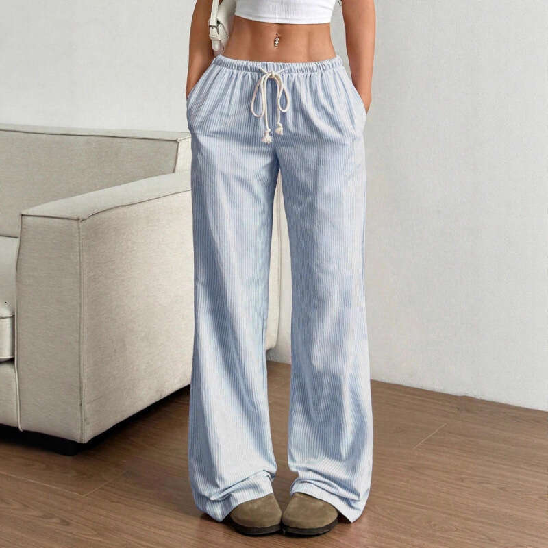 2025 New Summer Striped Straight-Leg Pants Casual Versatile Tie Fashion Loose Wide-Leg Women