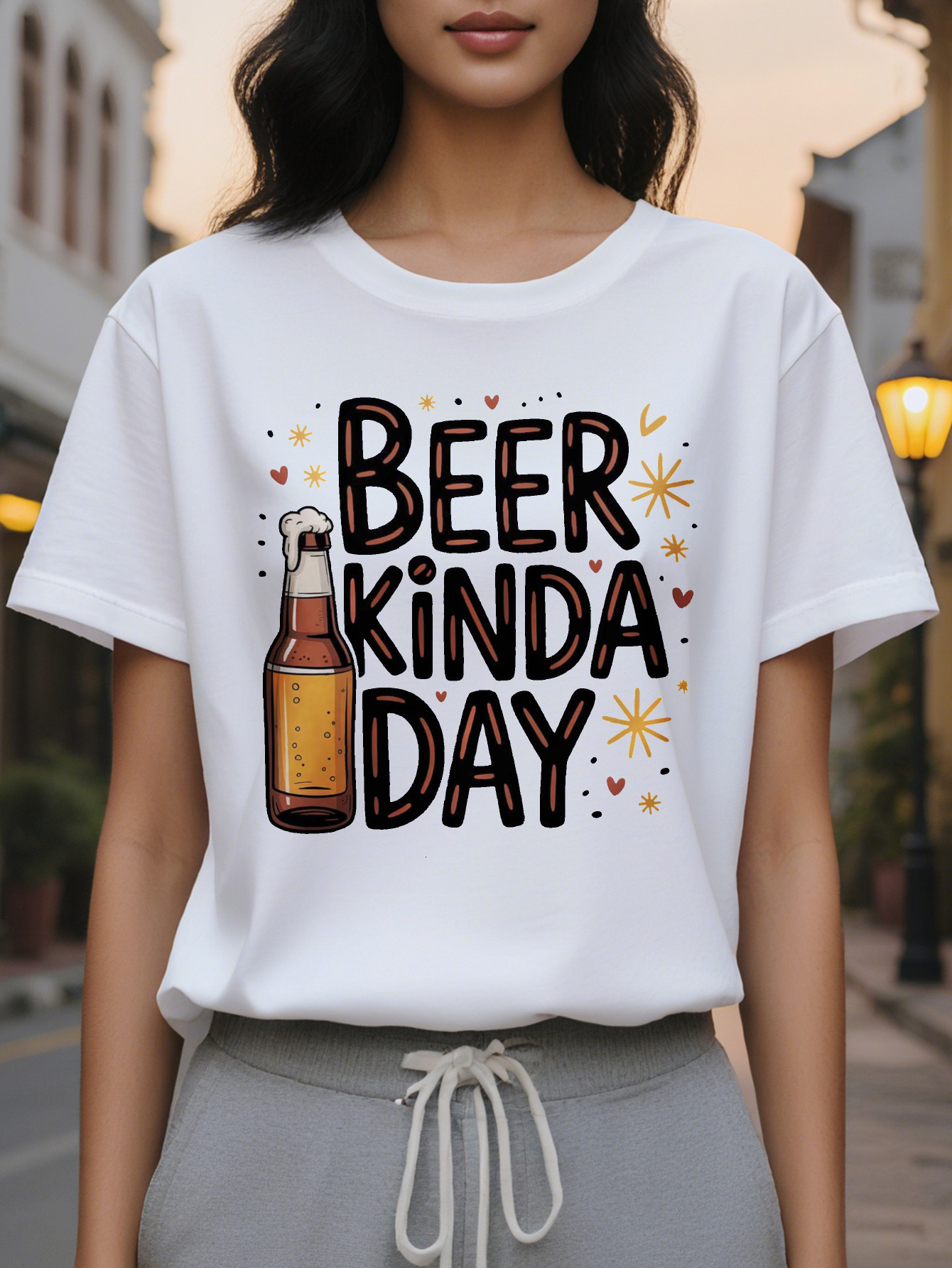 Women's Fun Lover T-shirt BEER KINDA DAY Slogan Bottle Pattern White Round Neck Summer Top Washable Party Dress